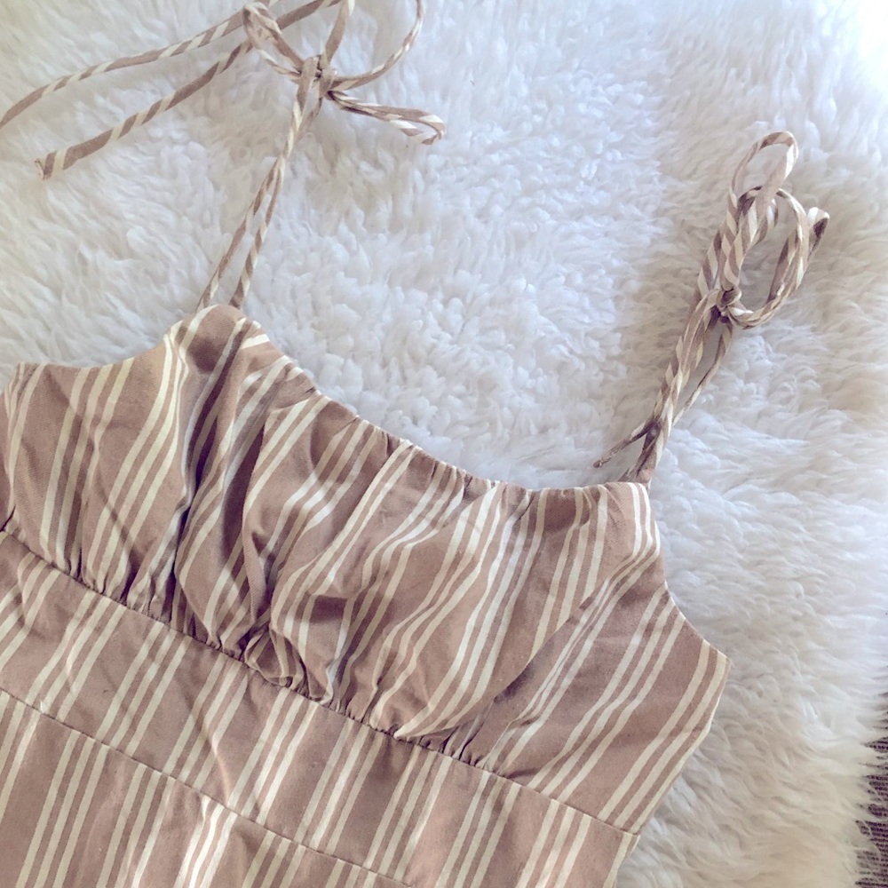 Women Striped Shoulder Tie Khaki Dress - Picture 3 of 4